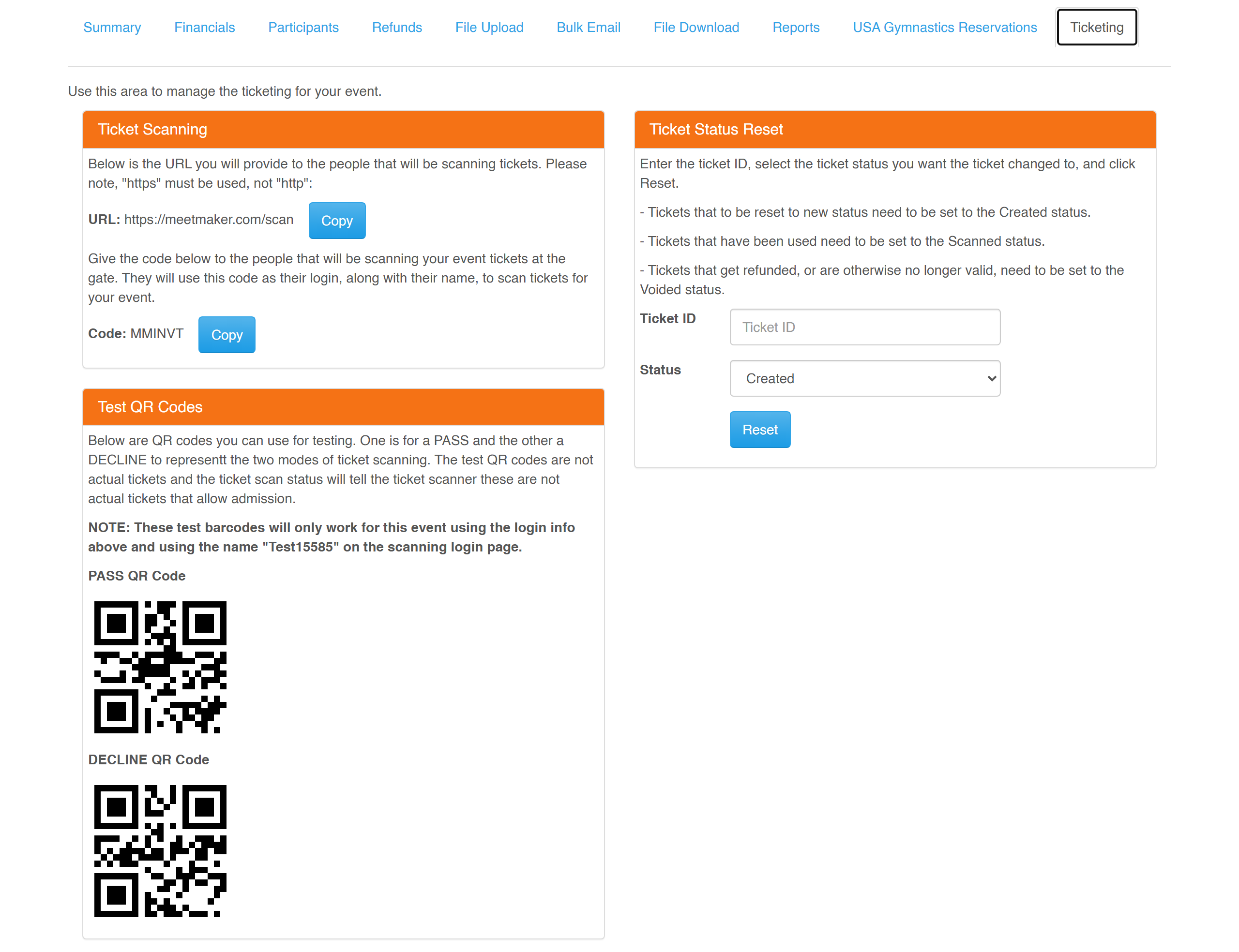 The Ticketing tab of the event director dashboard: scanning URL and code, test QR codes, and the ticket status reset tool