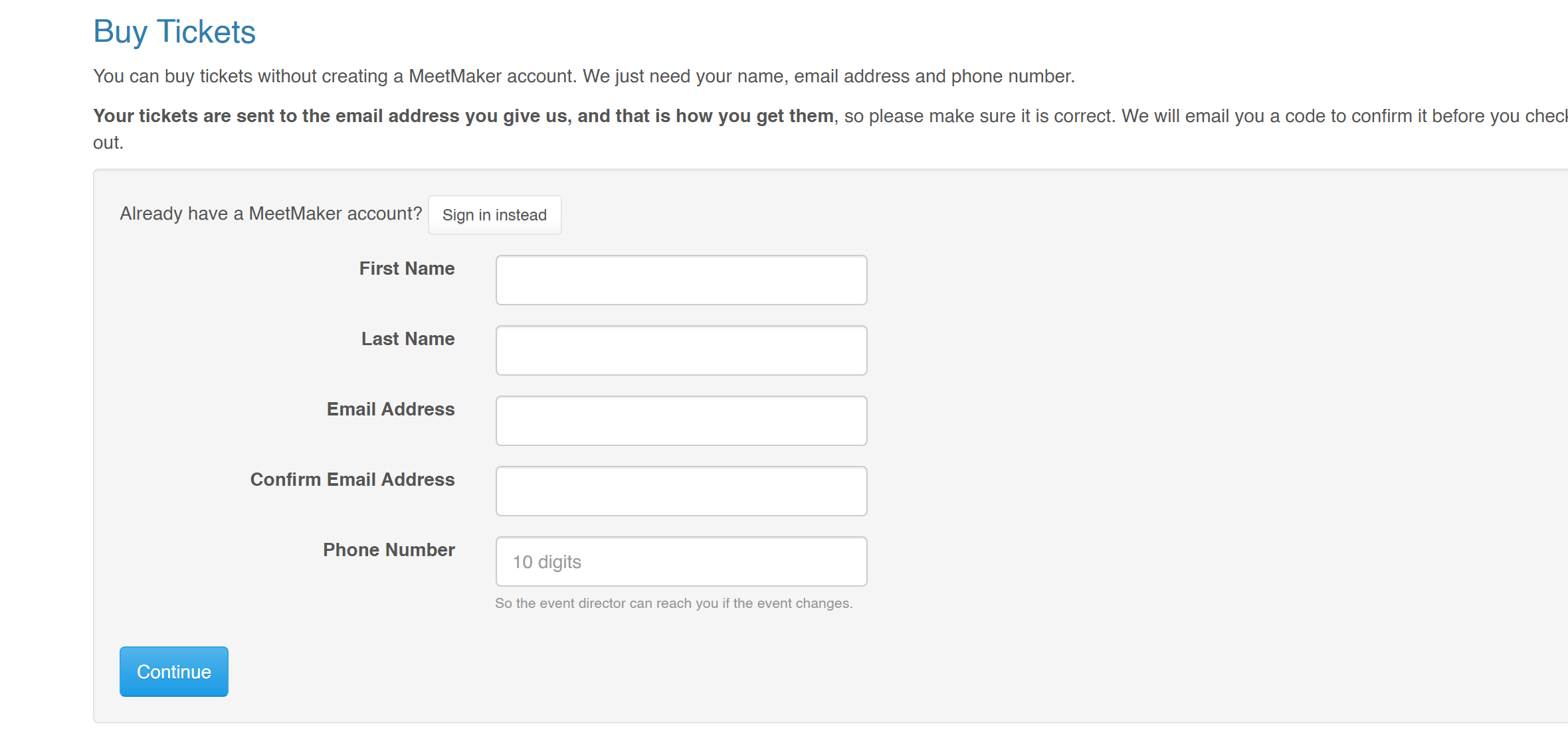 Guest ticket checkout asking for name, email address and phone number