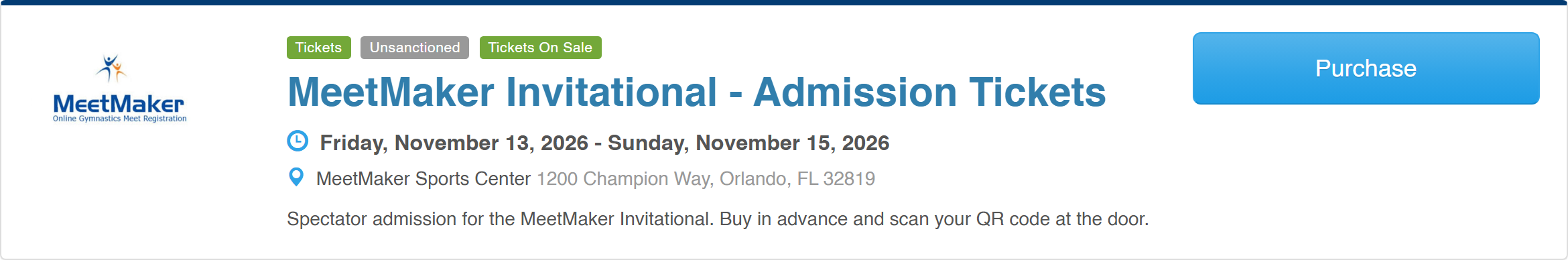 A MeetMaker admission ticket listing with its Purchase button and Tickets On Sale badge