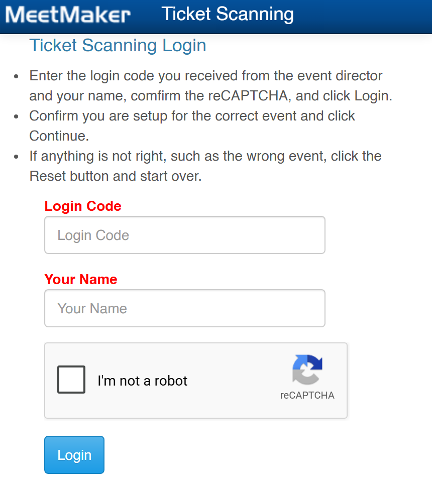 The ticket scanning sign-in page asking for a login code and the scanner's name