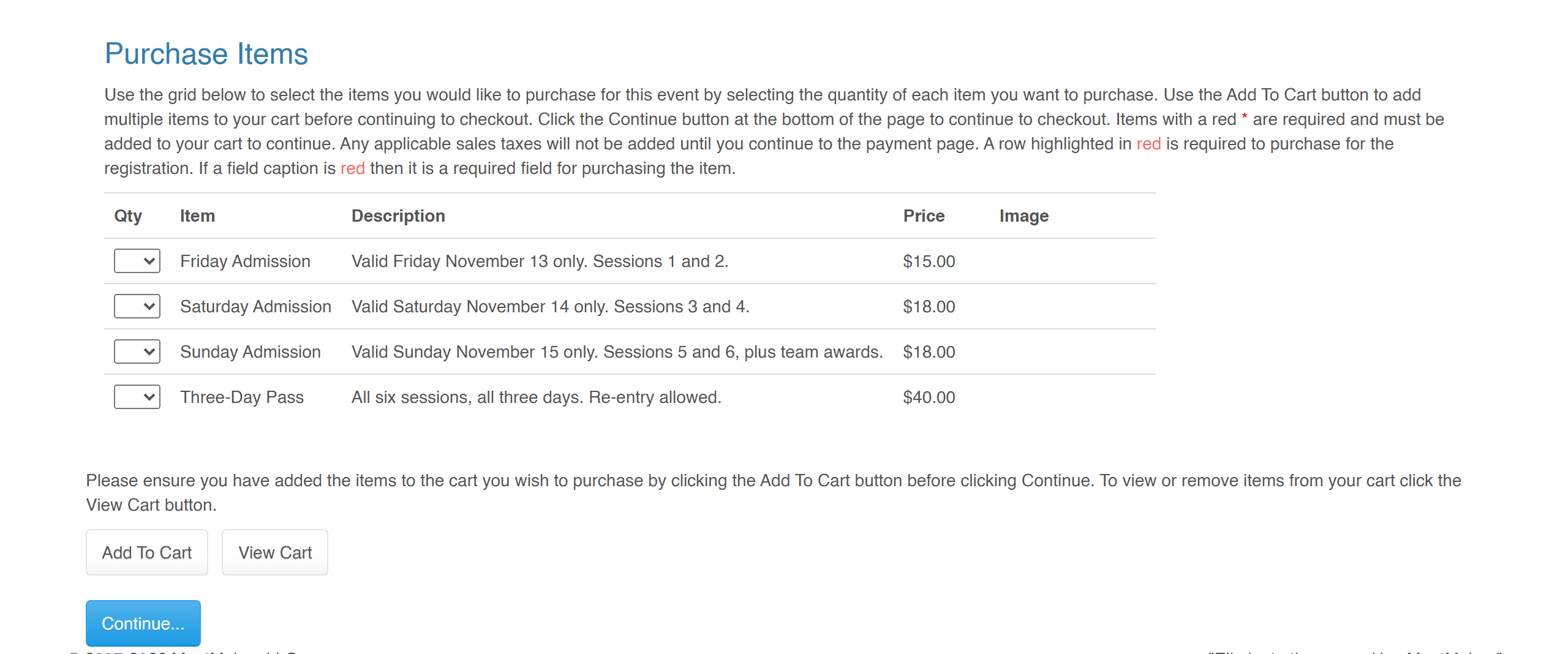 The purchase screen with a quantity dropdown beside each ticket type