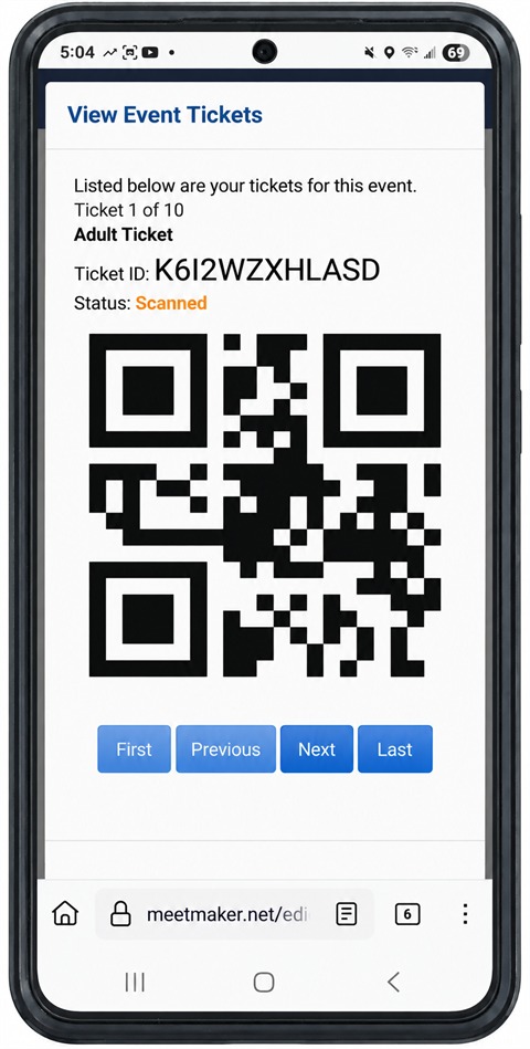 A spectator's phone showing one of their admission tickets: ticket type, ticket ID, a status of Scanned, the QR code, and First / Previous / Next / Last buttons paging through ticket 1 of 10