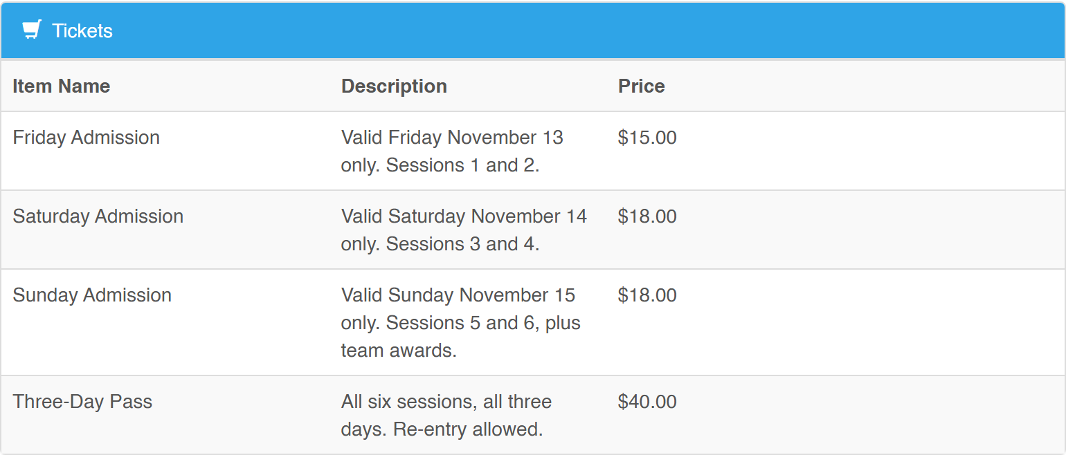 The public Tickets panel on an event page, listing ticket types with descriptions and prices