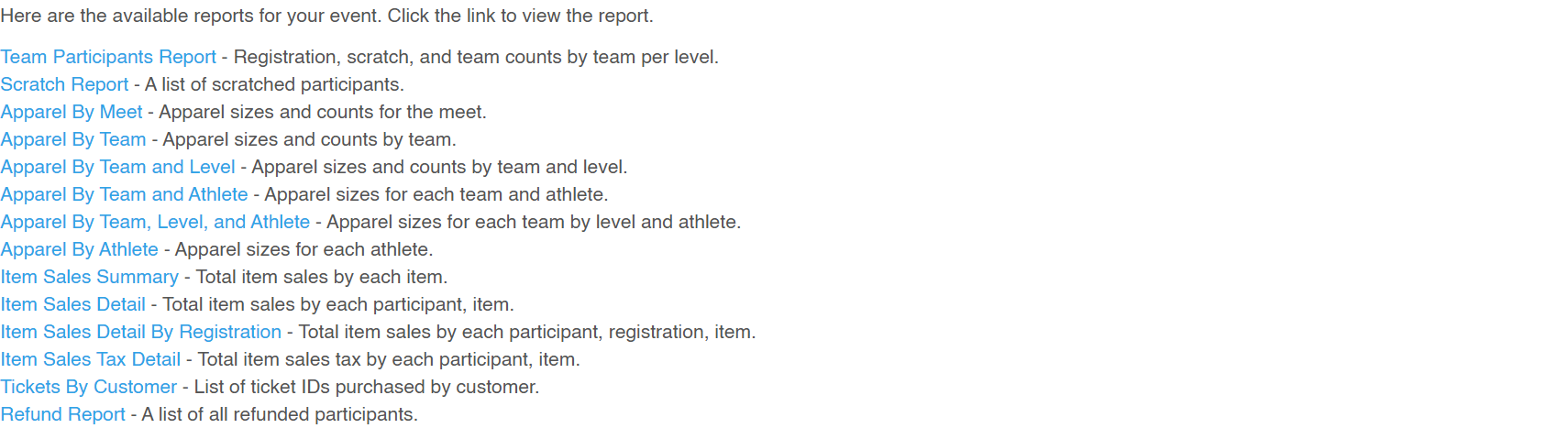 Event director reports list: team participants, scratches, apparel and item sales