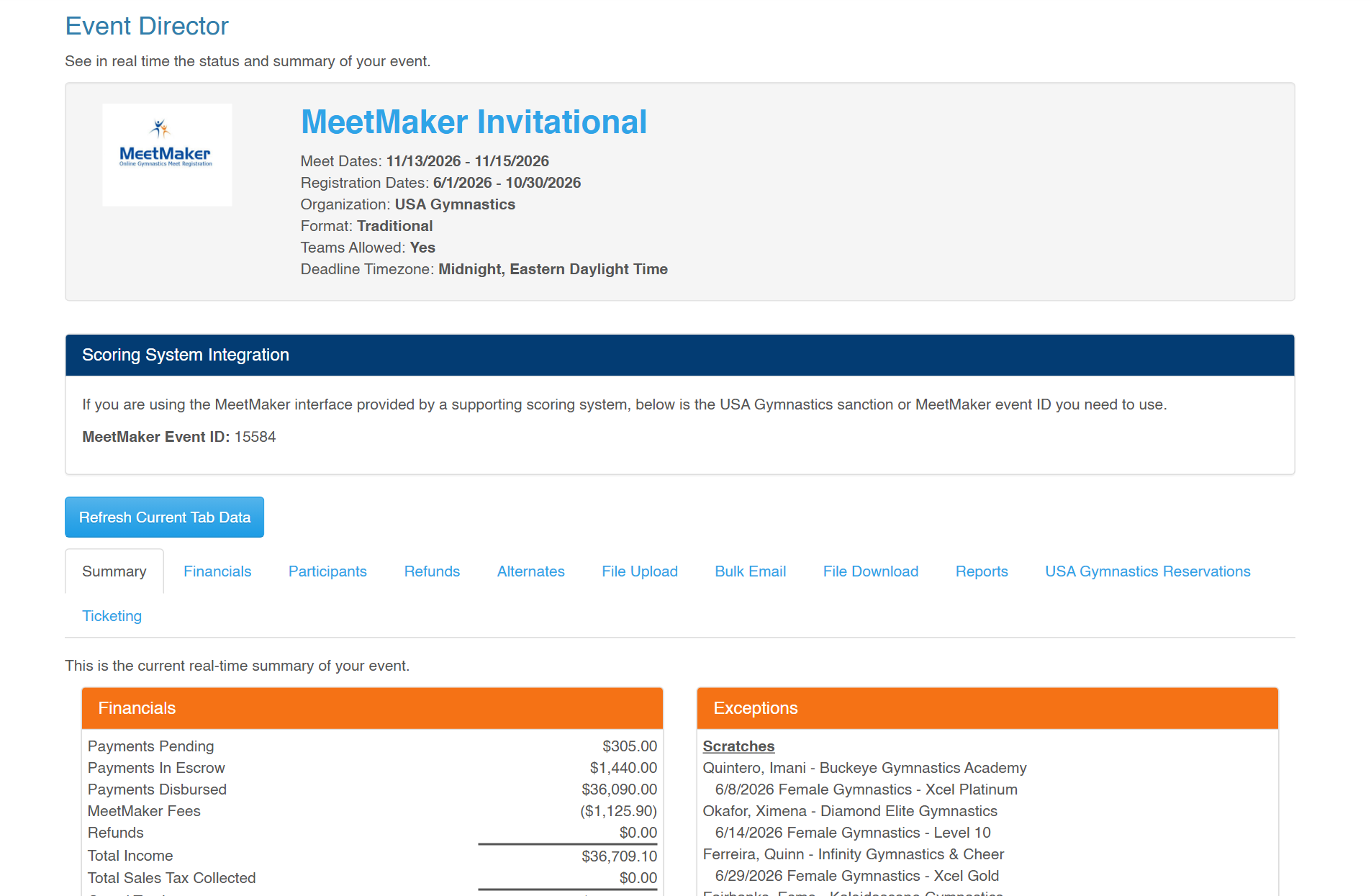 The MeetMaker event director dashboard showing live registration and payment totals