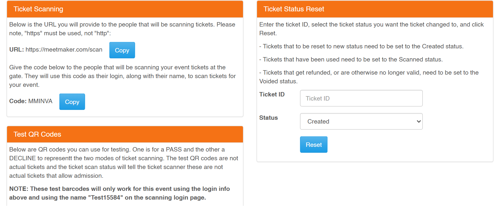 Event director ticketing tab: scanning URL, scanning code and test QR codes