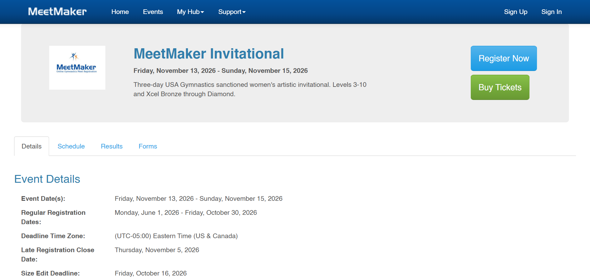A public MeetMaker event listing page with Register Now and Buy Tickets buttons