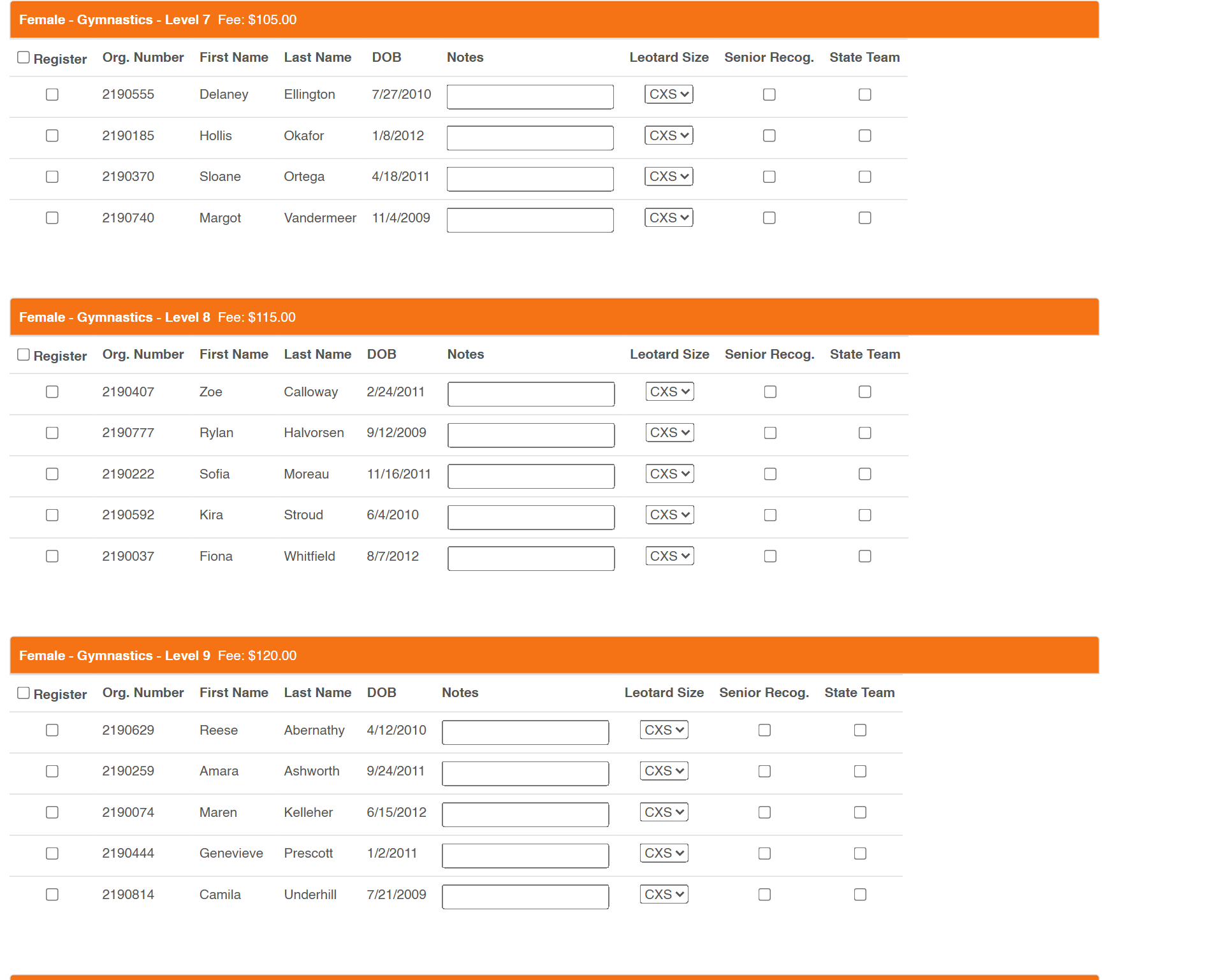 Club registration screen: athletes listed by competition level with sizes and team options