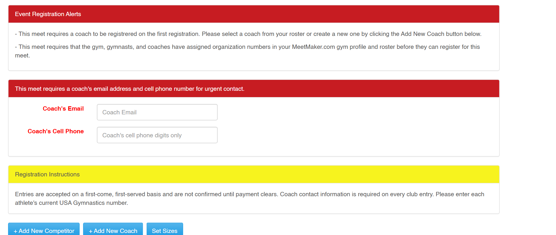 Registration page showing required coach contact details and the director's registration instructions
