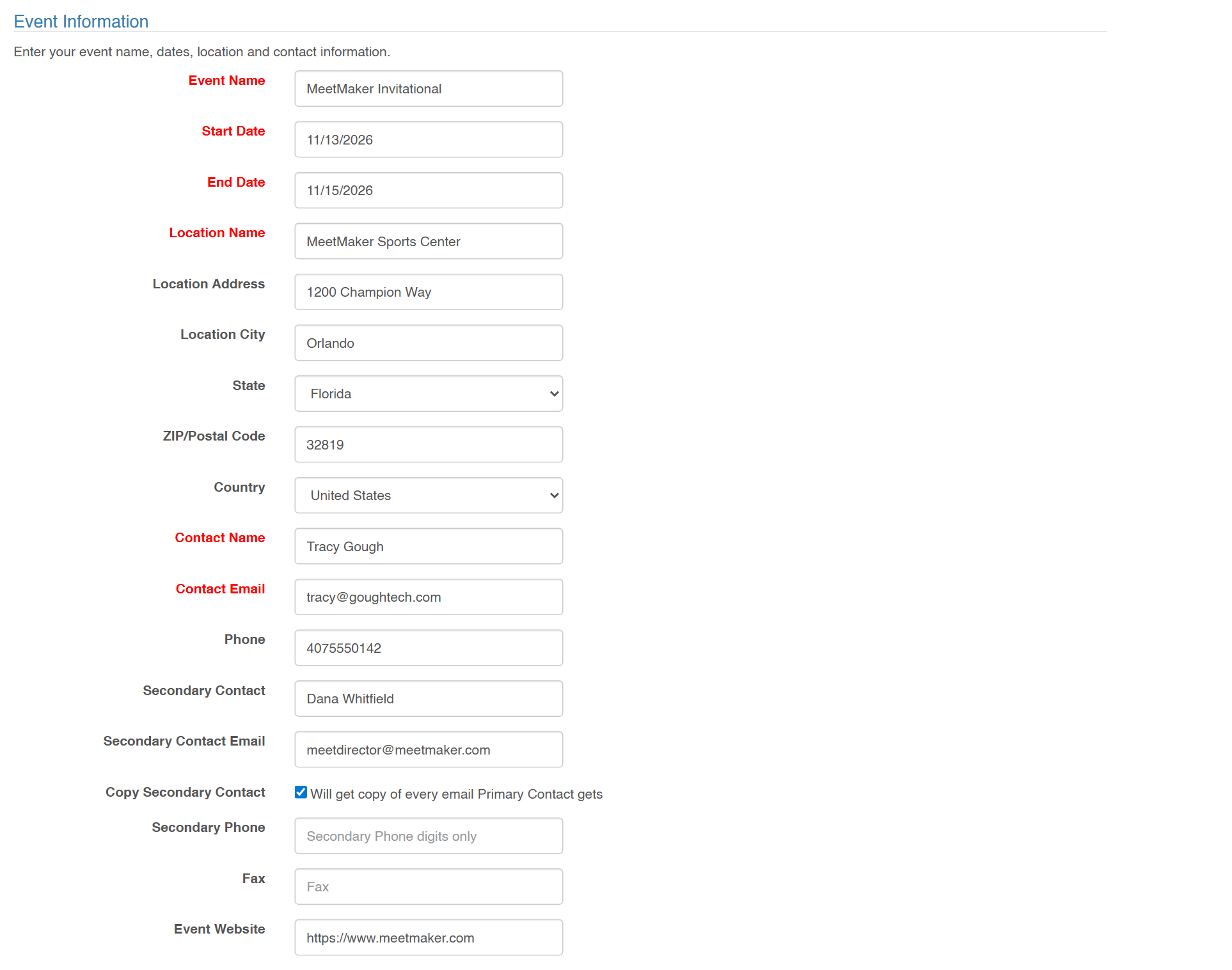 Event Wizard: event name, dates, venue and contact details