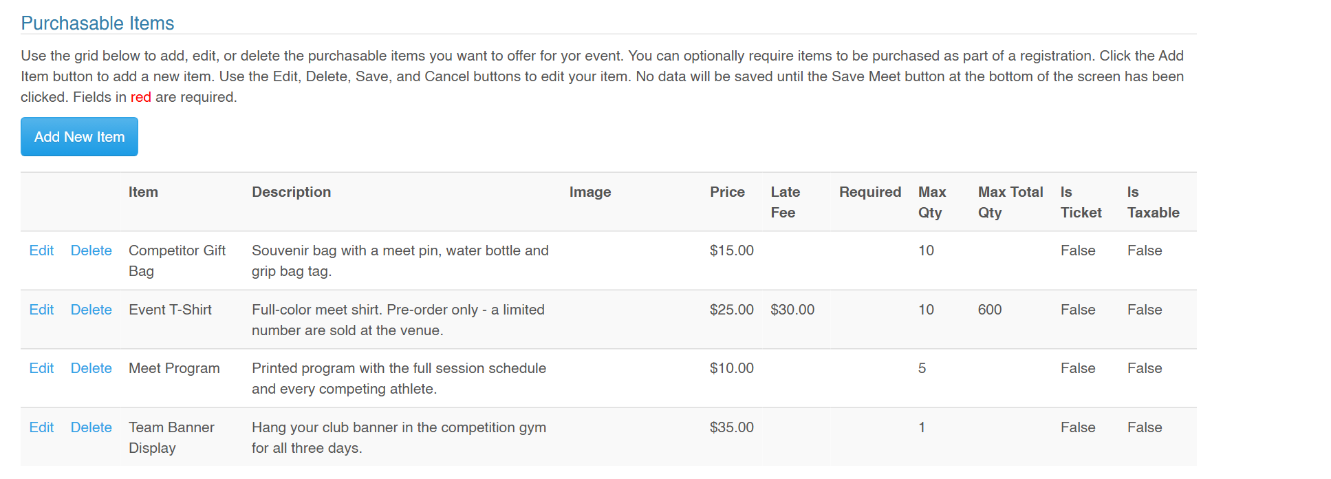 Event Wizard: purchasable items such as shirts, programs and gift bags