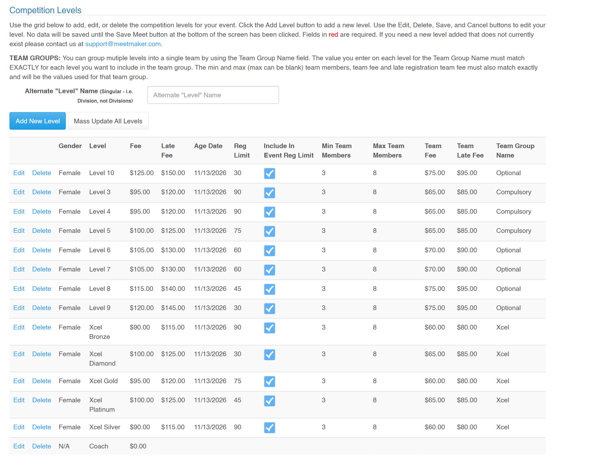 Event Wizard: competition levels grid with fees, age date, registration limits and team settings