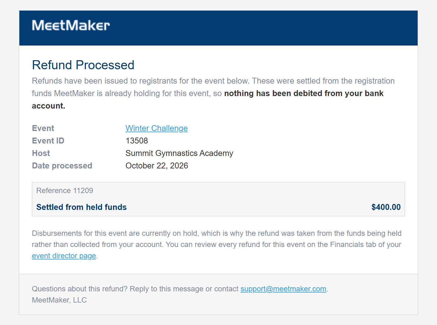 Refund processed from held funds email, confirming the refund was settled without touching the bank account