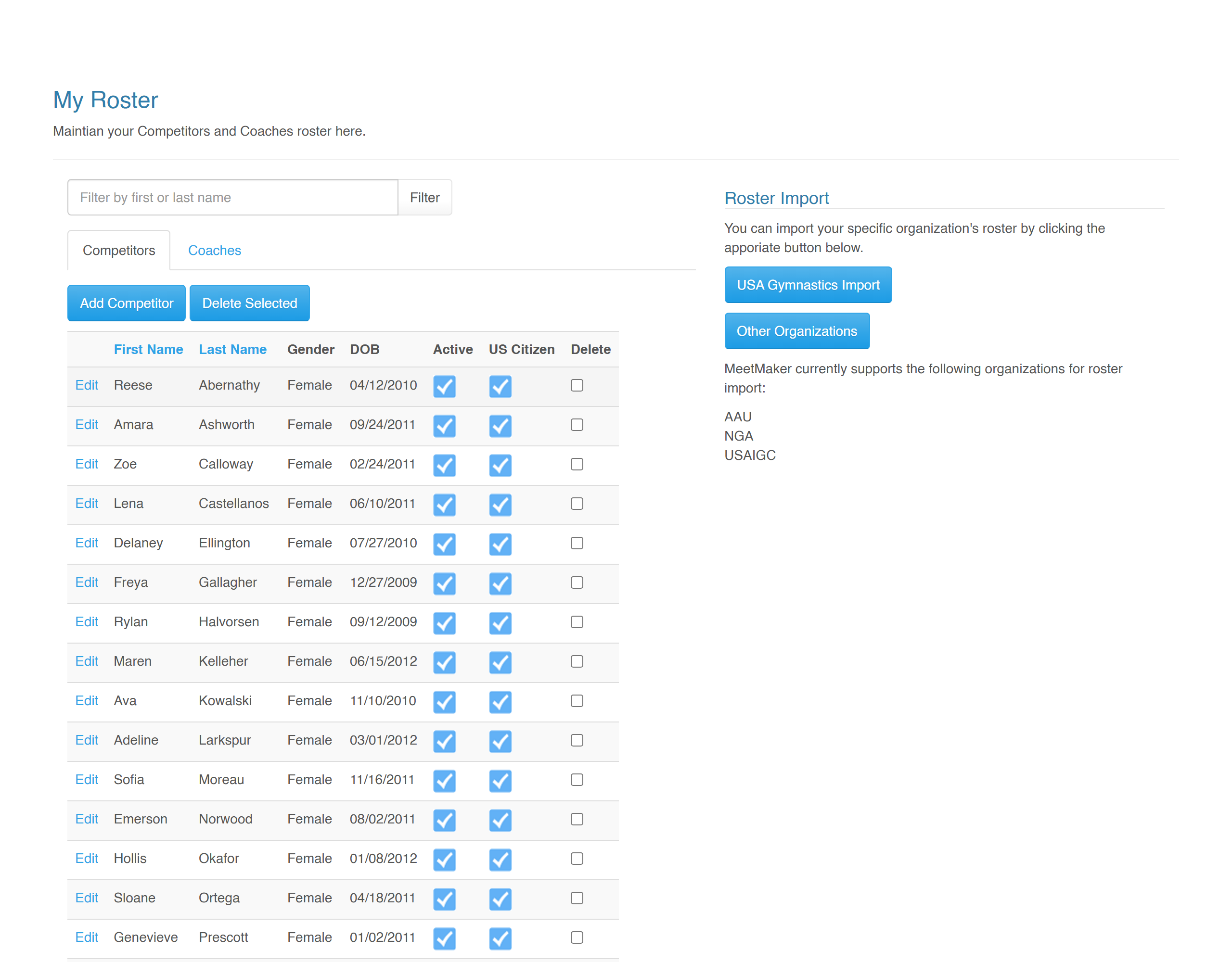 My Roster with its Competitors and Coaches tabs
