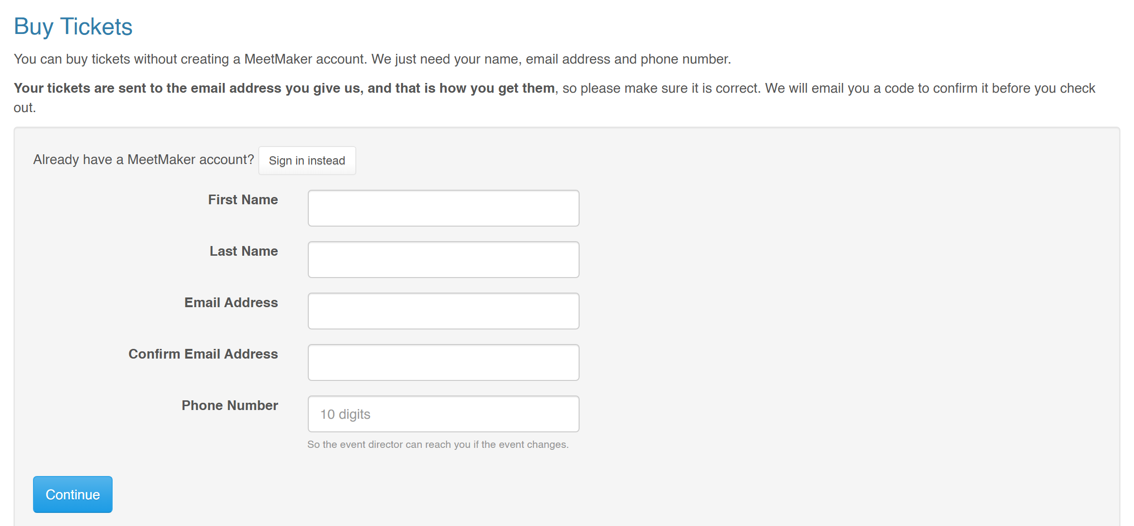 Buy Tickets screen collecting first name, last name, email address and phone number with no account required