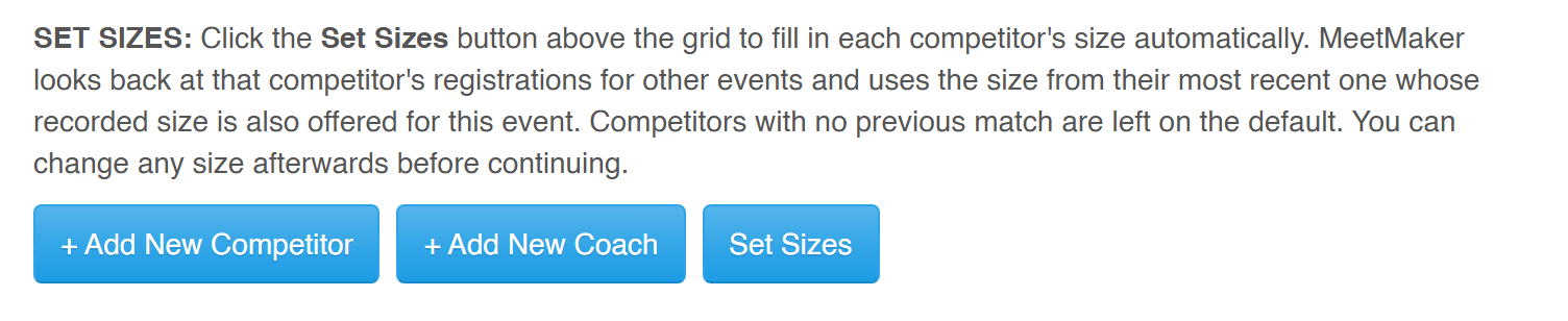 The Set Sizes button on the club registration screen