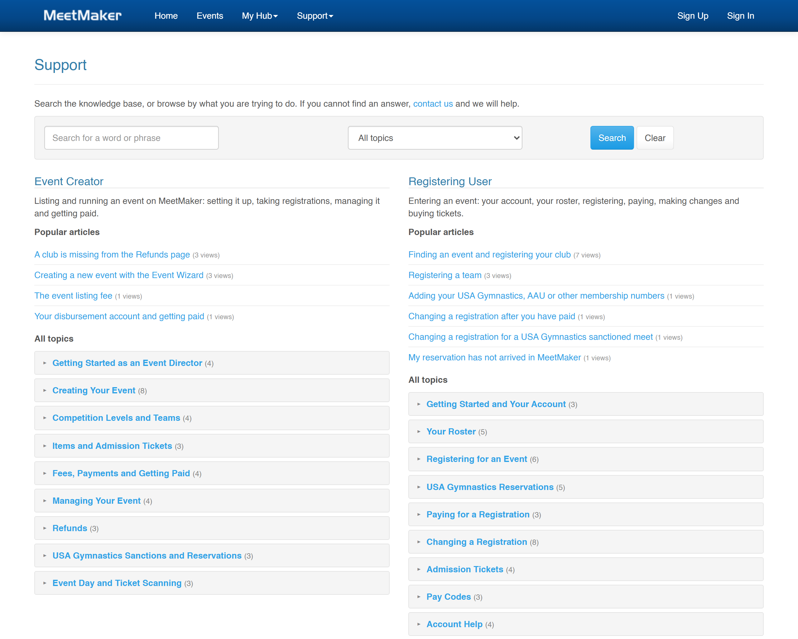 The support knowledge base with a search box and articles grouped by category